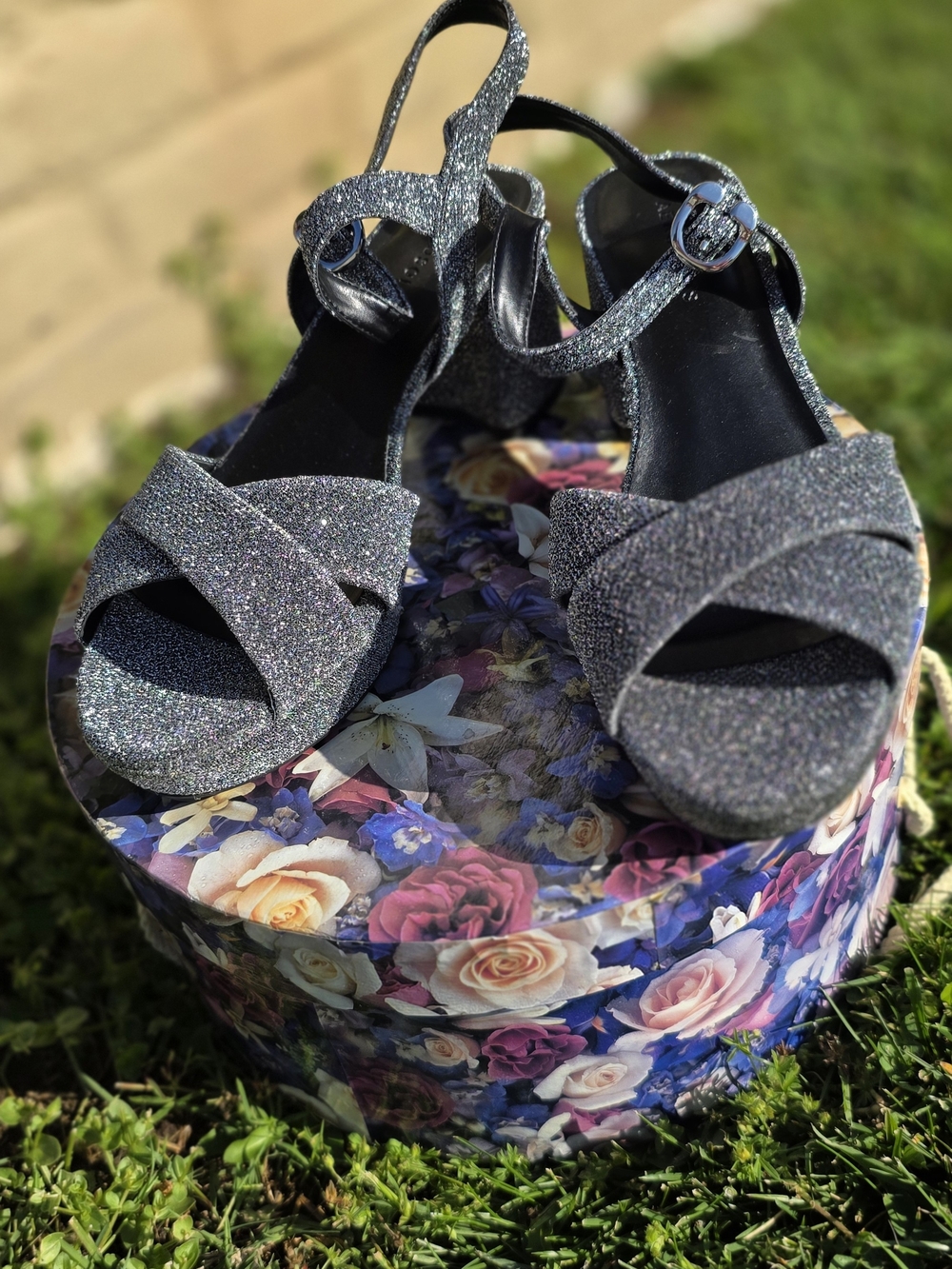 AEROSOLES Silver Glitter Ankle-Strap Block Heels - Picture 6 of 10